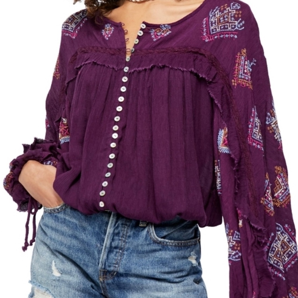 Free People women’s Sweet Emotion Embroidered blouse, plum, size M